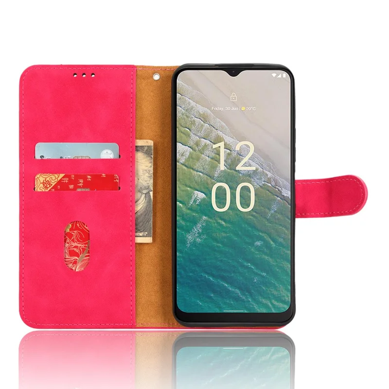 Para Nokia C32 Anti-Drop Wallet Phone Case Skin-Touch Protective PU Leather Phone Cover with Stand - Rojo