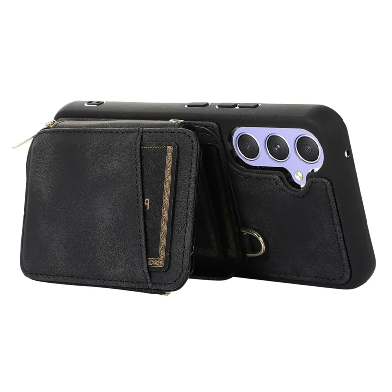 Para Samsung Galaxy A34 5G Kickstand Phone Case Zipper Card Bag Leather TPU Phone Cover with Straps - Preto