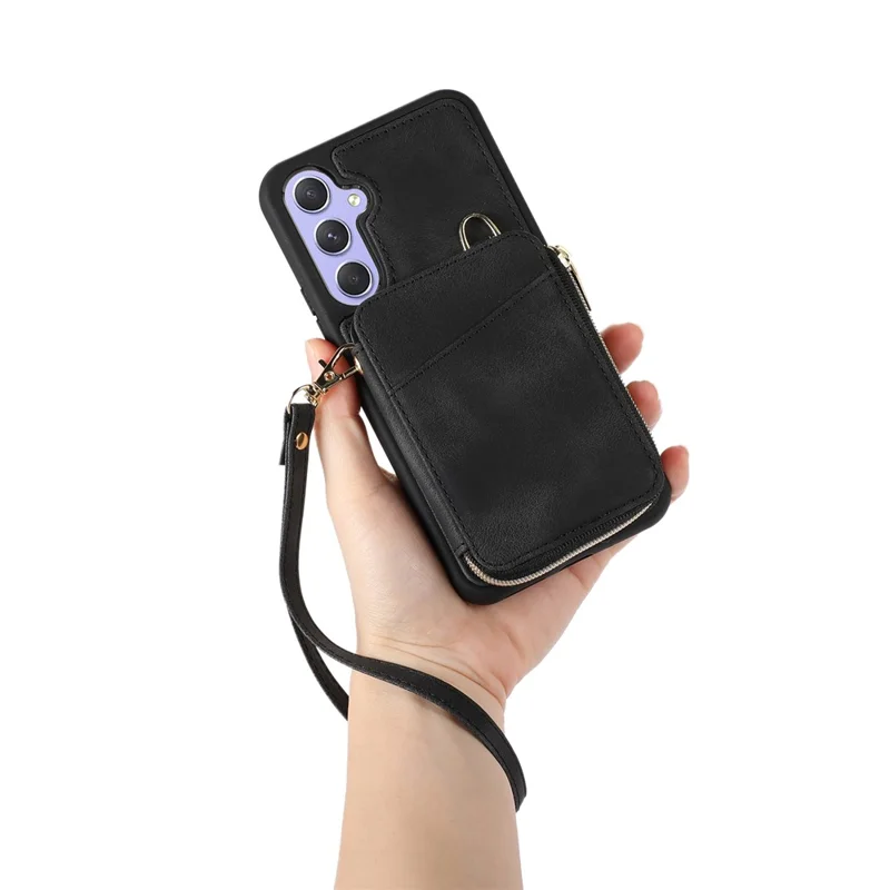 Para Samsung Galaxy A34 5G Kickstand Phone Case Zipper Card Bag Leather TPU Phone Cover with Straps - Preto