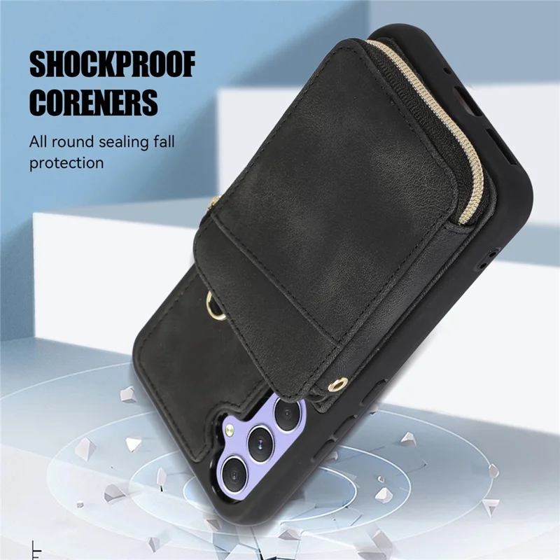 Para Samsung Galaxy A34 5G Kickstand Phone Case Zipper Card Bag Leather TPU Phone Cover with Straps - Preto