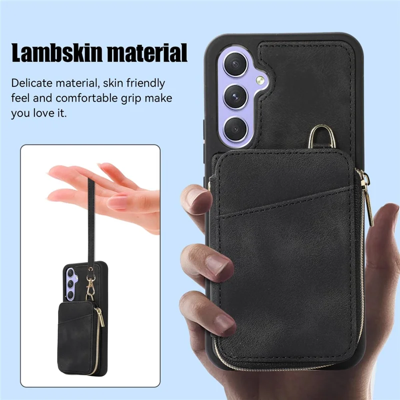 Para Samsung Galaxy A34 5G Kickstand Phone Case Zipper Card Bag Leather TPU Phone Cover with Straps - Preto