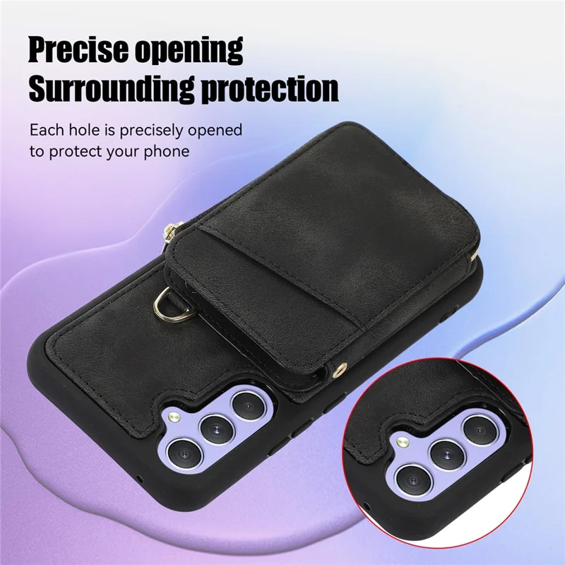 For Samsung Galaxy A14 5G / 4G Leather TPU Phone Case Zipper Card Bag Kickstand Phone Cover with Straps - Black