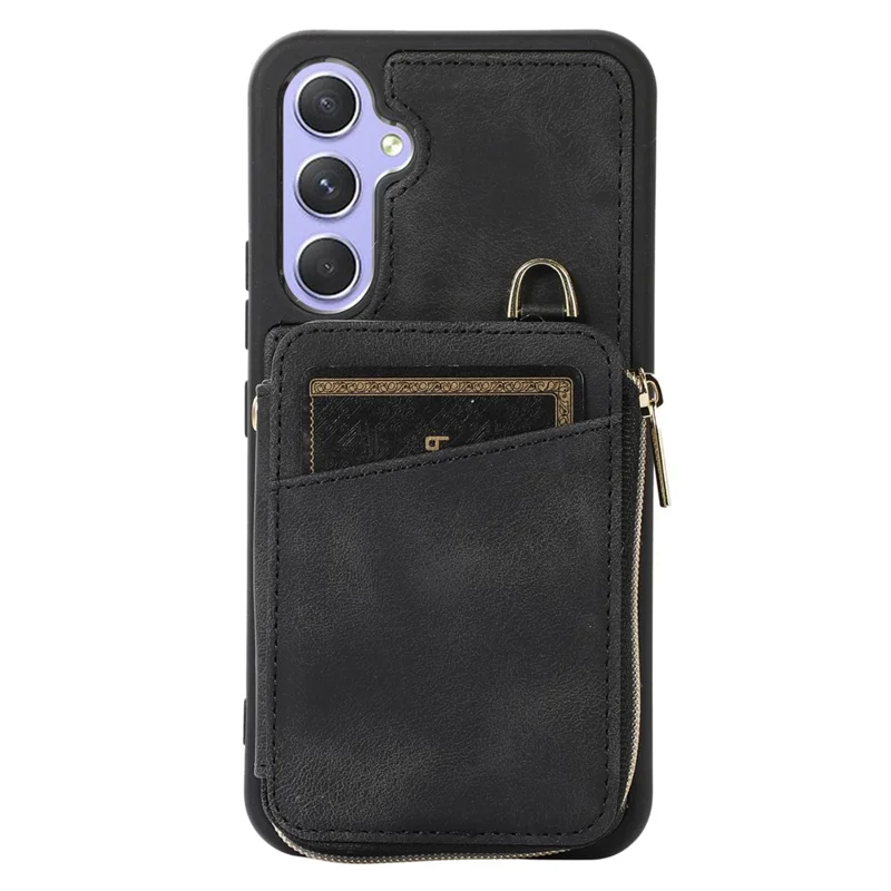 For Samsung Galaxy A14 5G / 4G Leather TPU Phone Case Zipper Card Bag Kickstand Phone Cover with Straps - Black