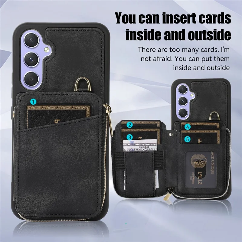 For Samsung Galaxy A14 5G / 4G Leather TPU Phone Case Zipper Card Bag Kickstand Phone Cover with Straps - Black