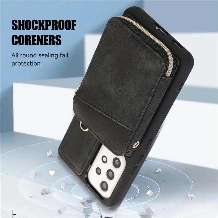 For Samsung Galaxy A13 4G / A13 5G / M13 5G / A04s 4G / A04 4G Zipper Phone Case PU Leather+TPU Kickstand Phone Cover  - Black