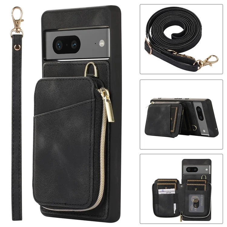 For Google Pixel 7a Leather Coated TPU Zipper Phone Case Card Slots Kickstand Cover - Black