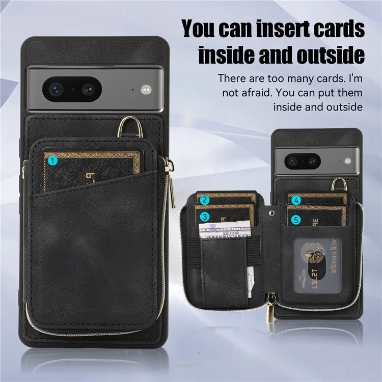 For Google Pixel 7a Leather Coated TPU Zipper Phone Case Card Slots Kickstand Cover - Black