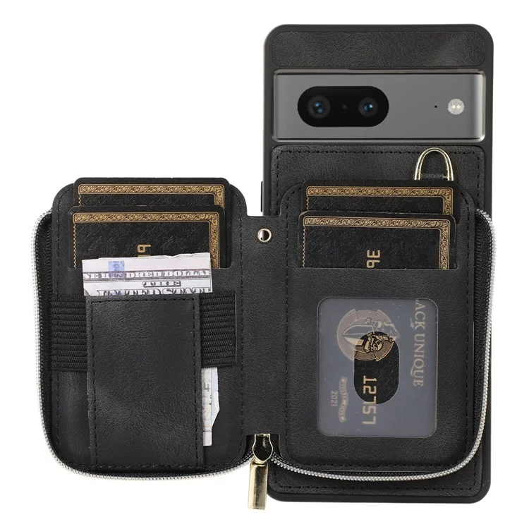 For Google Pixel 7a Leather Coated TPU Zipper Phone Case Card Slots Kickstand Cover - Black
