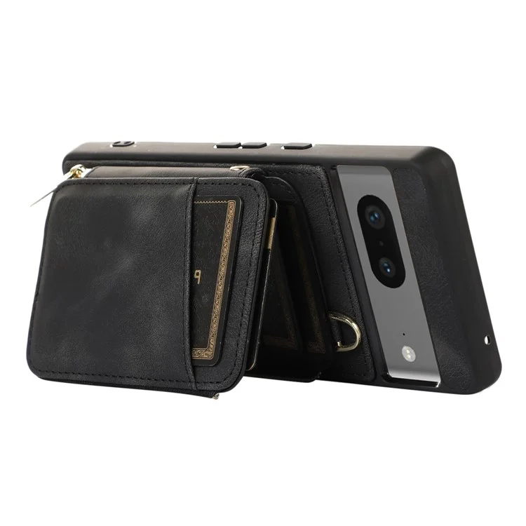 For Google Pixel 7a Leather Coated TPU Zipper Phone Case Card Slots Kickstand Cover - Black