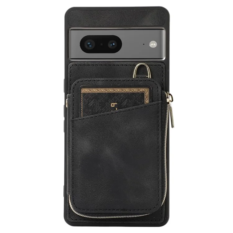 For Google Pixel 7a Leather Coated TPU Zipper Phone Case Card Slots Kickstand Cover - Black