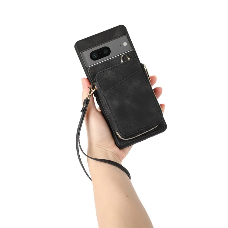 For Google Pixel 7a Leather Coated TPU Zipper Phone Case Card Slots Kickstand Cover - Black