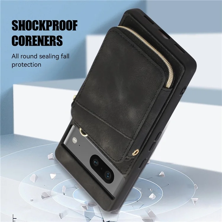 For Google Pixel 7a Leather Coated TPU Zipper Phone Case Card Slots Kickstand Cover - Black