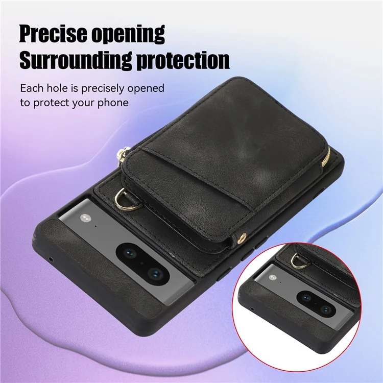 For Google Pixel 7a Leather Coated TPU Zipper Phone Case Card Slots Kickstand Cover - Black