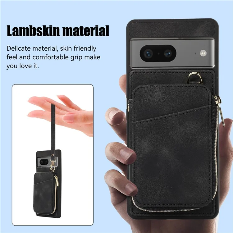 For Google Pixel 7a Leather Coated TPU Zipper Phone Case Card Slots Kickstand Cover - Black