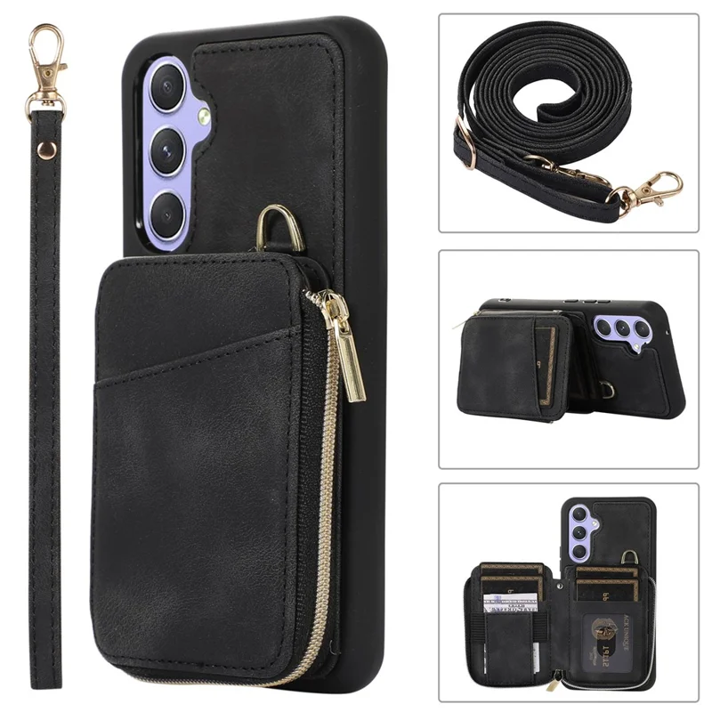 Для Samsung Galaxy A54 5G Kickstand Phone Case Zipper Card Bag Leather TPU Phone Cover with Straps - Черный