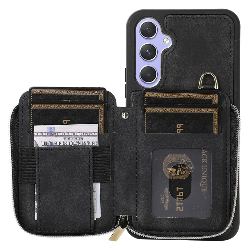 Для Samsung Galaxy A54 5G Kickstand Phone Case Zipper Card Bag Leather TPU Phone Cover with Straps - Черный