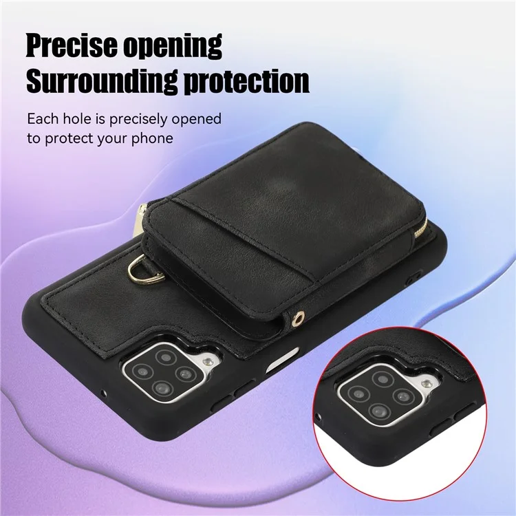 For Samsung Galaxy A12 Card Holder Slots Zipper Pocket Case PU Leather Coated TPU Kickstand Phone Cover  - Black