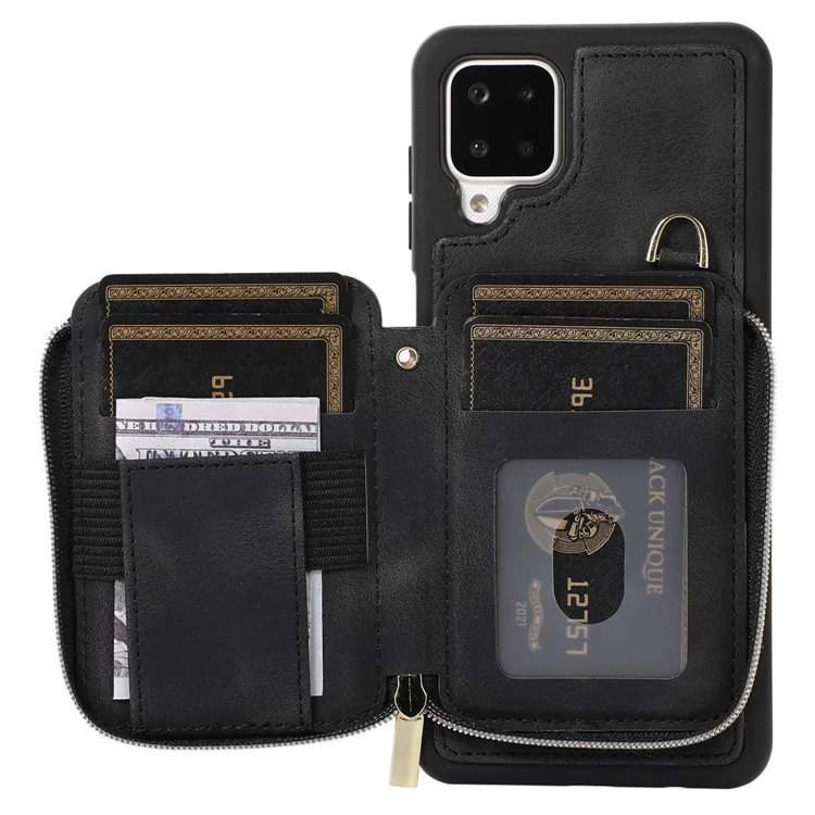 For Samsung Galaxy A12 Card Holder Slots Zipper Pocket Case PU Leather Coated TPU Kickstand Phone Cover  - Black