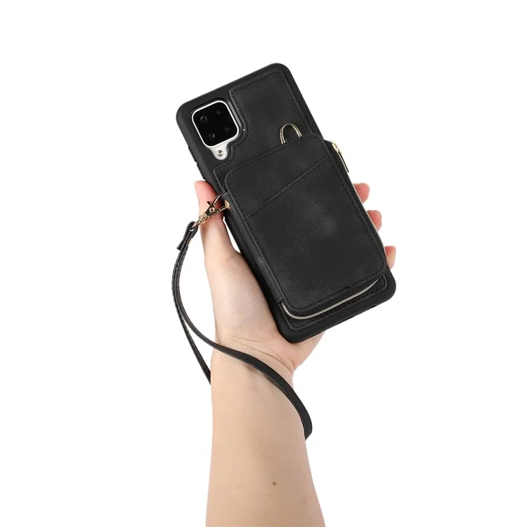 For Samsung Galaxy A12 Card Holder Slots Zipper Pocket Case PU Leather Coated TPU Kickstand Phone Cover  - Black