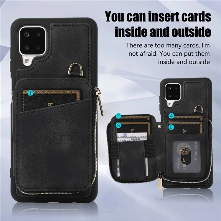 For Samsung Galaxy A12 Card Holder Slots Zipper Pocket Case PU Leather Coated TPU Kickstand Phone Cover  - Black