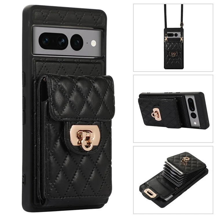 For Google Pixel 7 Pro 5G Crossbody Card Slot Bag Phone Case PU Leather+TPU Protective Kickstand Cover - Black