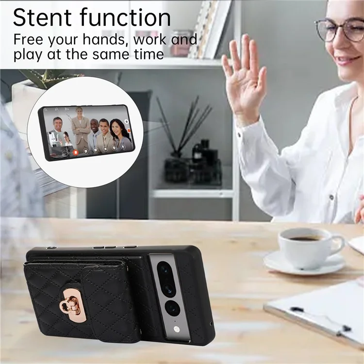 For Google Pixel 7 Pro 5G Crossbody Card Slot Bag Phone Case PU Leather+TPU Protective Kickstand Cover - Black