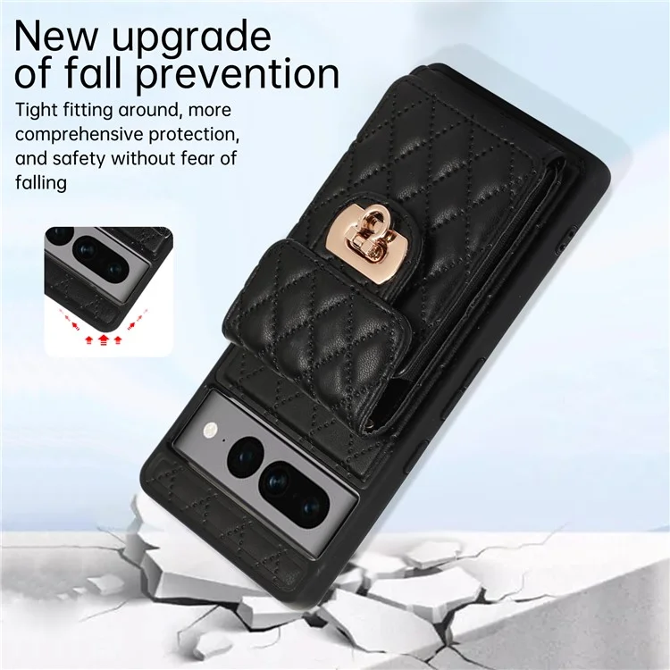 For Google Pixel 7 Pro 5G Crossbody Card Slot Bag Phone Case PU Leather+TPU Protective Kickstand Cover - Black