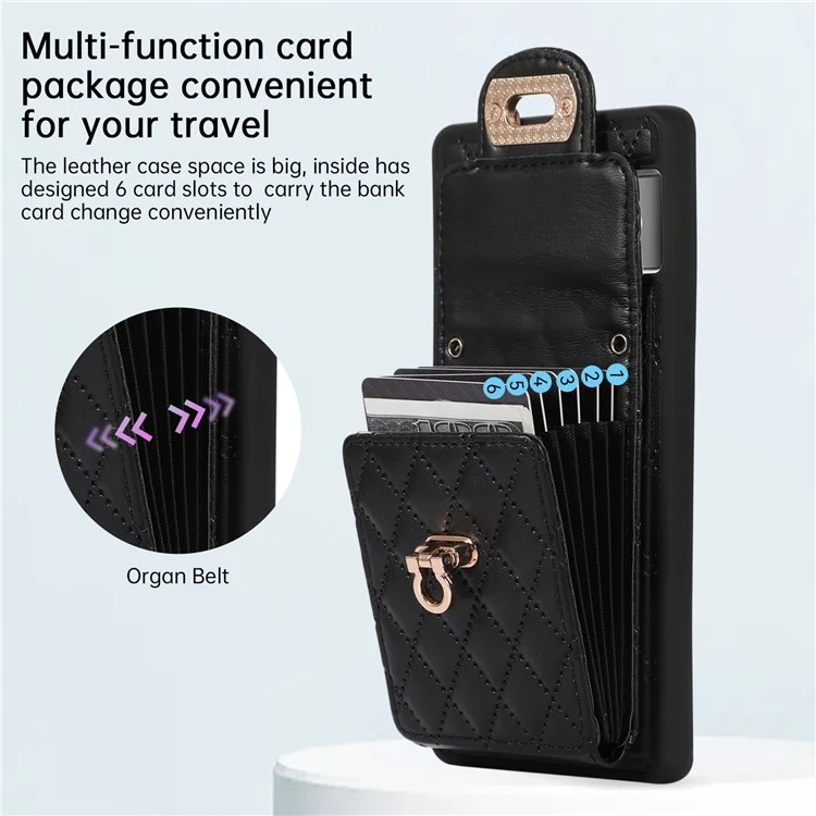 For Google Pixel 7 Pro 5G Crossbody Card Slot Bag Phone Case PU Leather+TPU Protective Kickstand Cover - Black