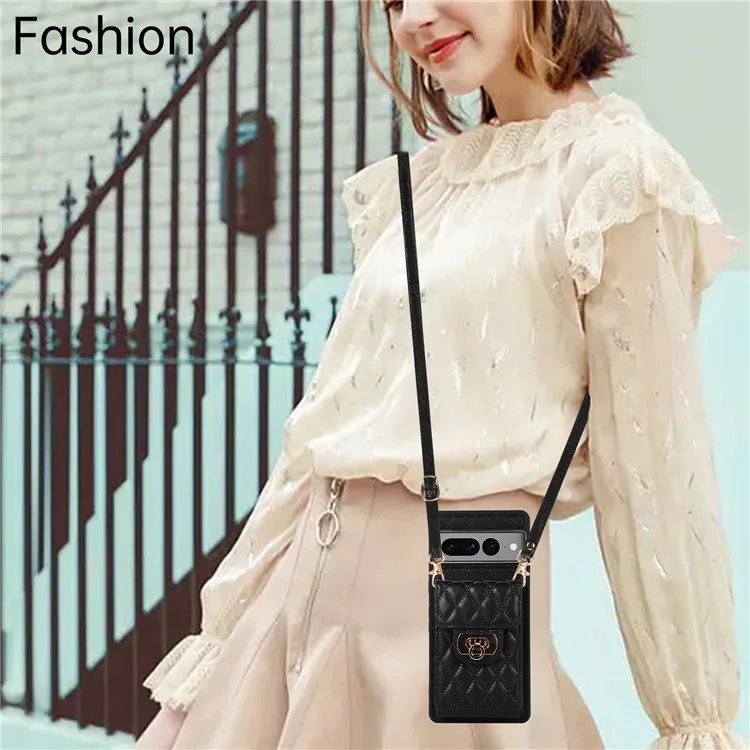 For Google Pixel 7 Pro 5G Crossbody Card Slot Bag Phone Case PU Leather+TPU Protective Kickstand Cover - Black