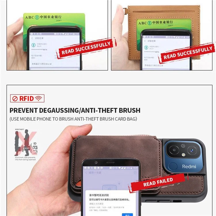 Per Xiaomi Redmi 12C 4G Custodia in pelle rivestita in TPU con supporto Portafoglio con blocco RFID Custodia anti-caduta - Caffè