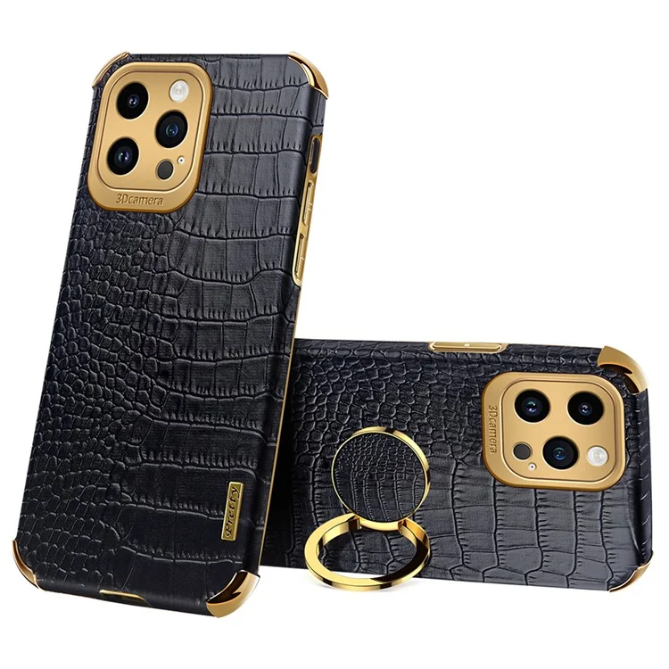 Pour iPhone 14 Pro 6D Electroplated Kickstand Phone Case PU Leather + TPU Crocodile Texture Back Cover - Noir