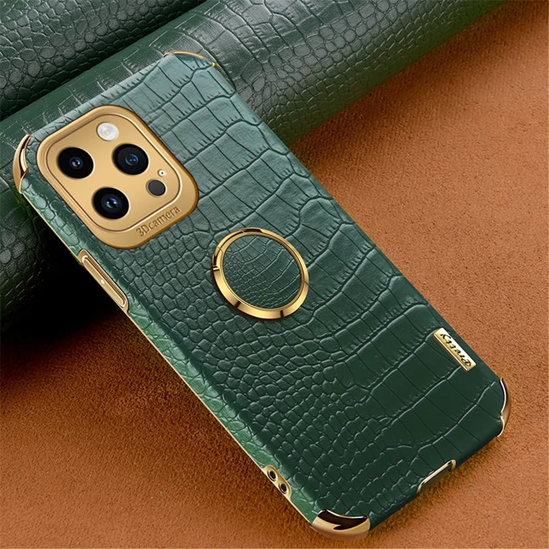 For iPhone 14 Pro 6D Electroplated Kickstand Phone Case PU Leather + TPU Crocodile Texture Back Cover - Green