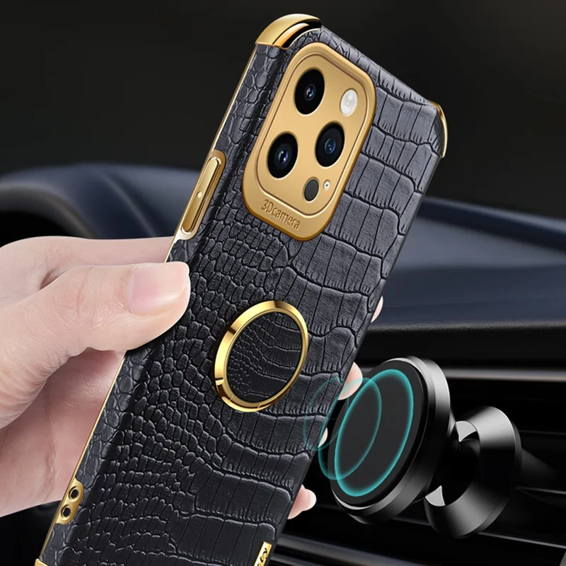 For iPhone 14 Pro 6D Electroplated Kickstand Phone Case PU Leather + TPU Crocodile Texture Back Cover - Green