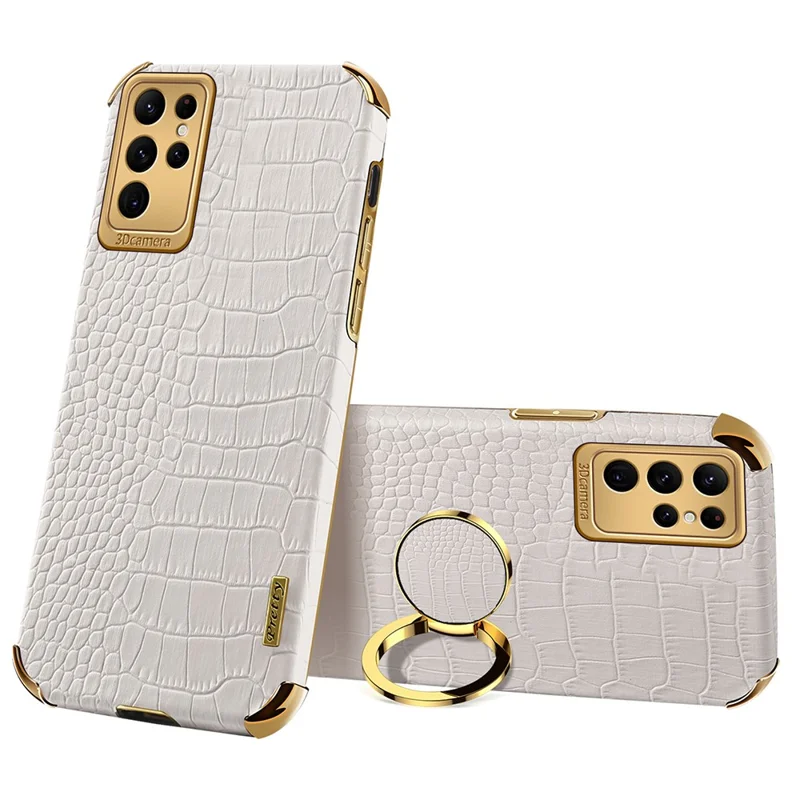 Étui téléphone à texture de crocodile pour Samsung Galaxy S23 Ultra, support de bague en cuir PU enduit de TPU, couvercle électroplaqué 6D - Blanc
