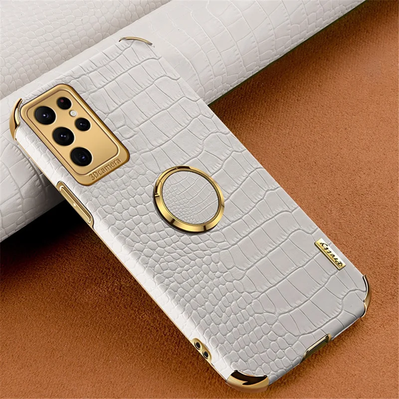 Étui téléphone à texture de crocodile pour Samsung Galaxy S23 Ultra, support de bague en cuir PU enduit de TPU, couvercle électroplaqué 6D - Blanc