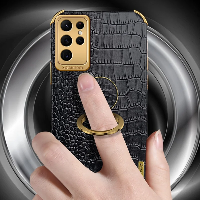 Étui téléphone à texture de crocodile pour Samsung Galaxy S23 Ultra, support de bague en cuir PU enduit de TPU, couvercle électroplaqué 6D - Blanc