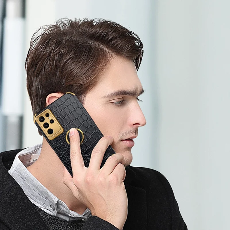 Étui téléphone à texture de crocodile pour Samsung Galaxy S23 Ultra, support de bague en cuir PU enduit de TPU, couvercle électroplaqué 6D - Blanc