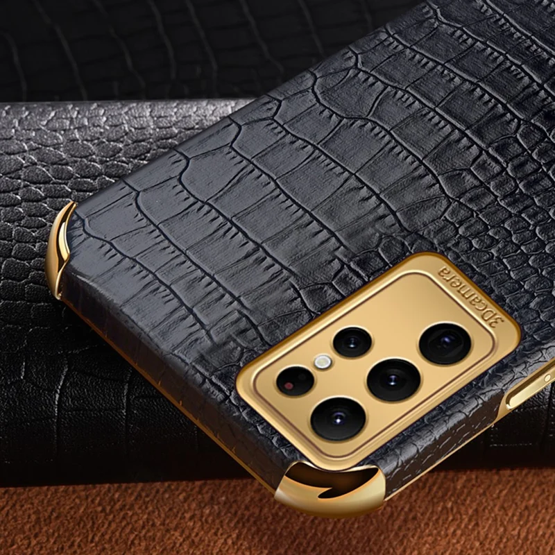 Étui téléphone à texture de crocodile pour Samsung Galaxy S23 Ultra, support de bague en cuir PU enduit de TPU, couvercle électroplaqué 6D - Blanc