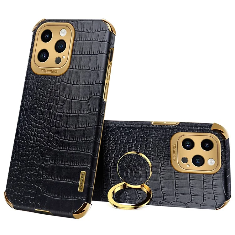 6D Electroplating Phone Case for iPhone 14 Pro Max , Crocodile Texture PU Leather Coated TPU Cover with  Kickstand - Black