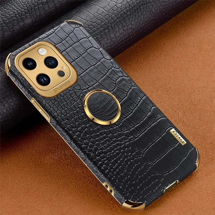 6D Electroplating Phone Case for iPhone 14 Pro Max , Crocodile Texture PU Leather Coated TPU Cover with  Kickstand - Black