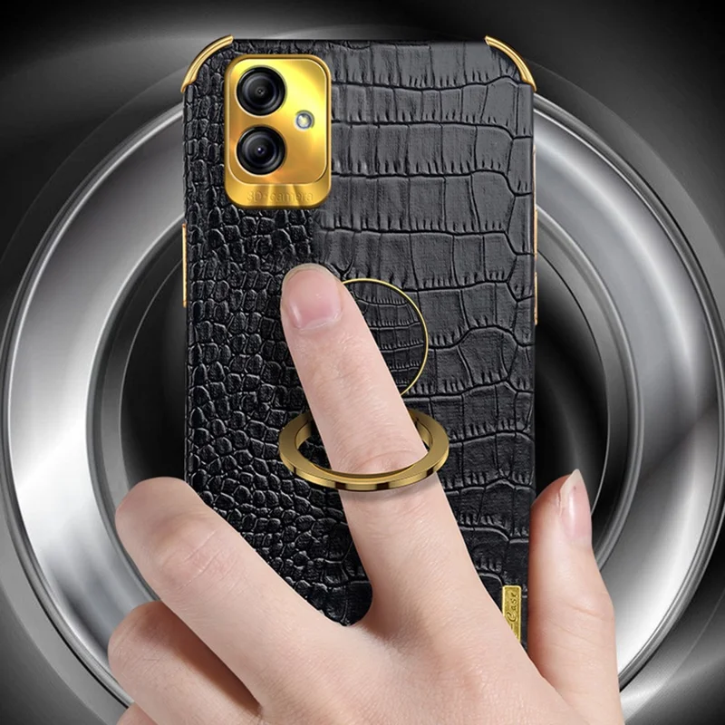 For Samsung Galaxy A04 4G (164.4 x 76.3 x 9.1 mm) Crocodile Texture Phone Case Electroplating Ring Kickstand PU Leather Coated TPU Cover - Black