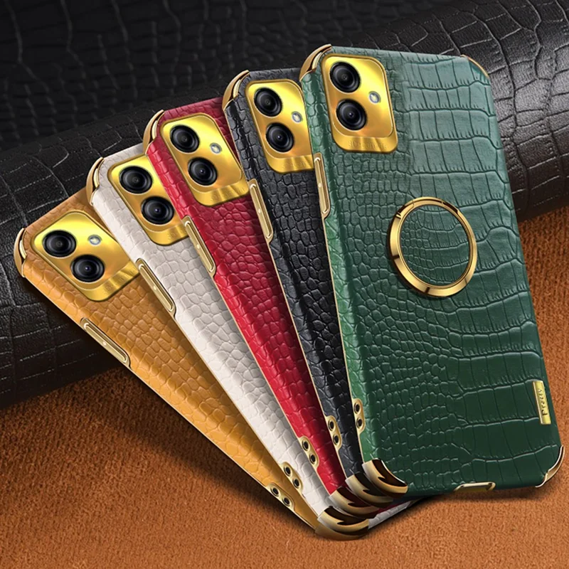 For Samsung Galaxy A04 4G (164.4 x 76.3 x 9.1 mm) Crocodile Texture Phone Case Electroplating Ring Kickstand PU Leather Coated TPU Cover - Black