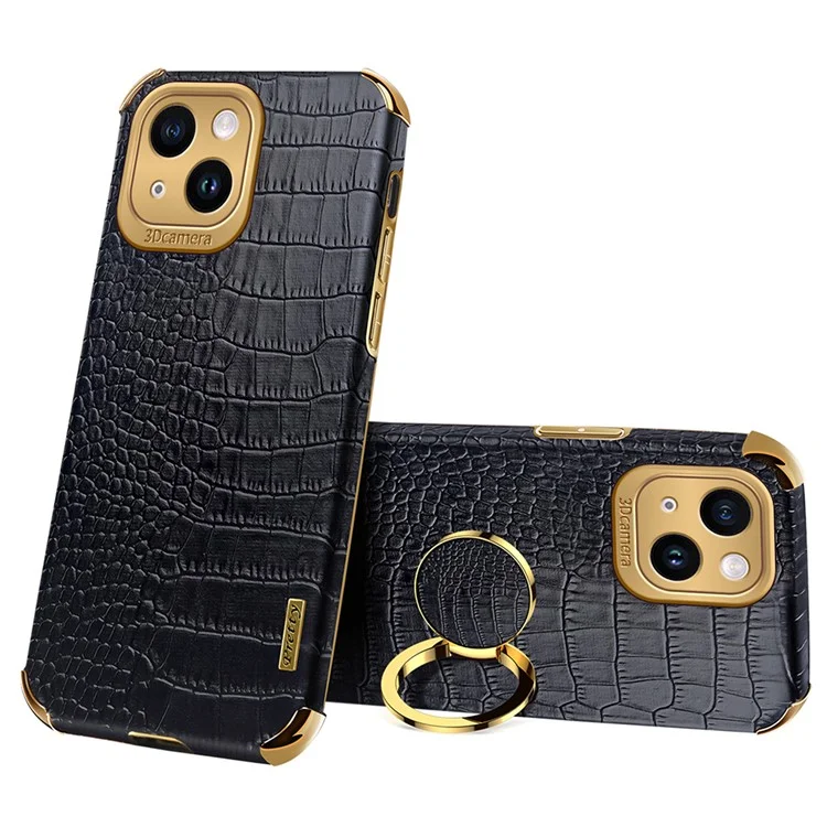Pour iPhone 14 Electroplated PU Leather Coated TPU Cover Ring Kickstand Crocodile Texture Phone Case - Black