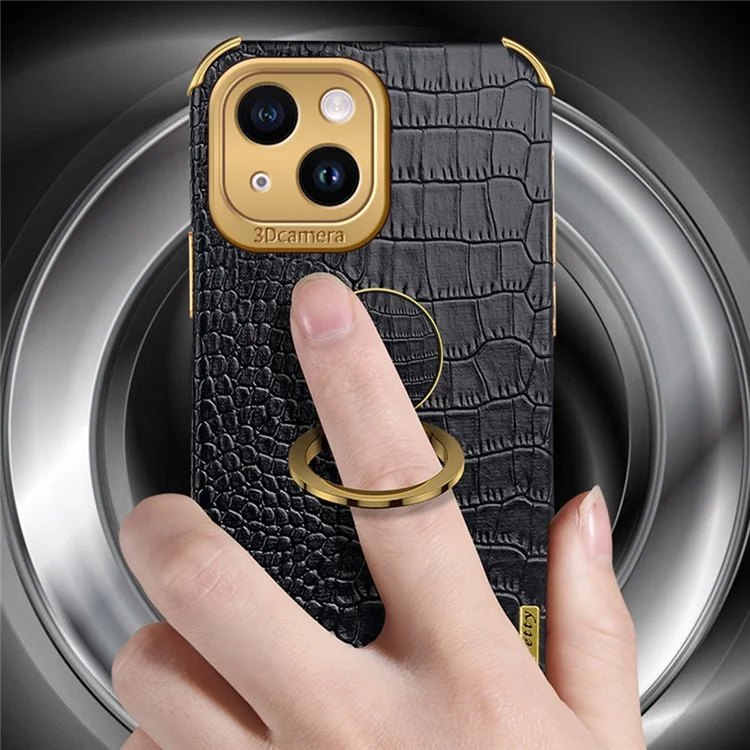 Pour iPhone 14 Electroplated PU Leather Coated TPU Cover Ring Kickstand Crocodile Texture Phone Case - Black