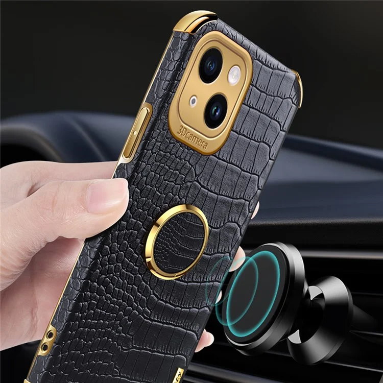 Pour iPhone 14 Electroplated PU Leather Coated TPU Cover Ring Kickstand Crocodile Texture Phone Case - Black