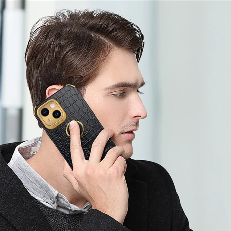 Pour iPhone 14 Electroplated PU Leather Coated TPU Cover Ring Kickstand Crocodile Texture Phone Case - Black