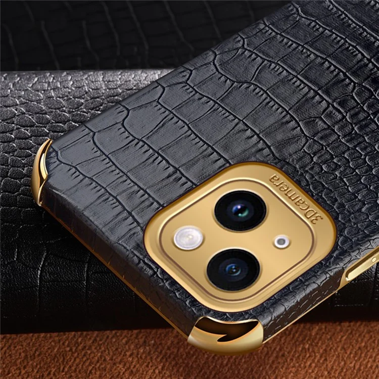 Pour iPhone 14 Electroplated PU Leather Coated TPU Cover Ring Kickstand Crocodile Texture Phone Case - Black