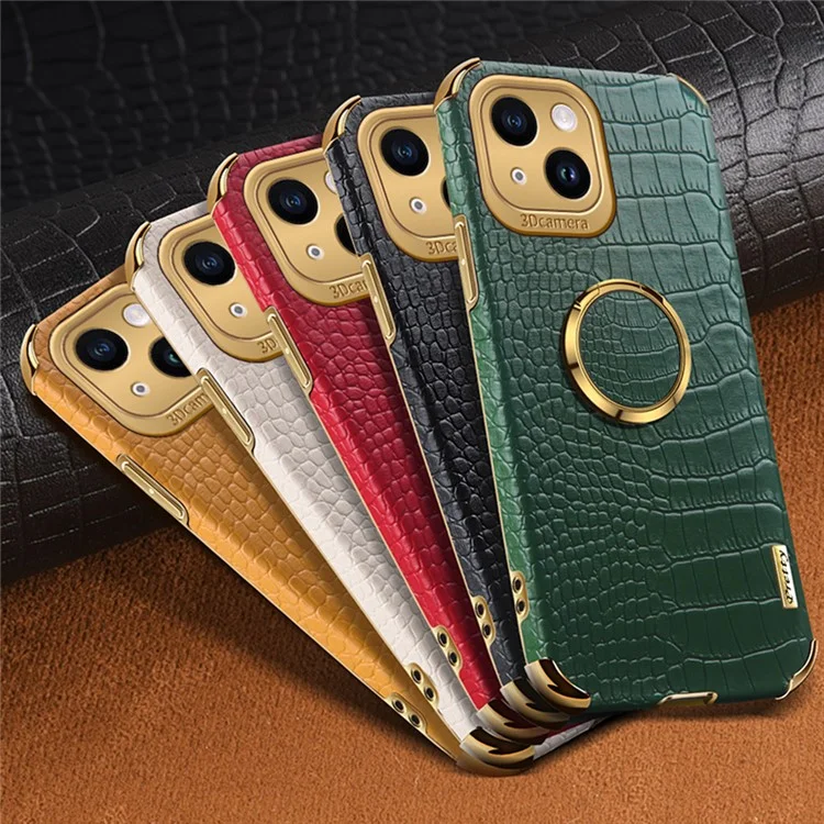 Pour iPhone 14 Electroplated PU Leather Coated TPU Cover Ring Kickstand Crocodile Texture Phone Case - Black