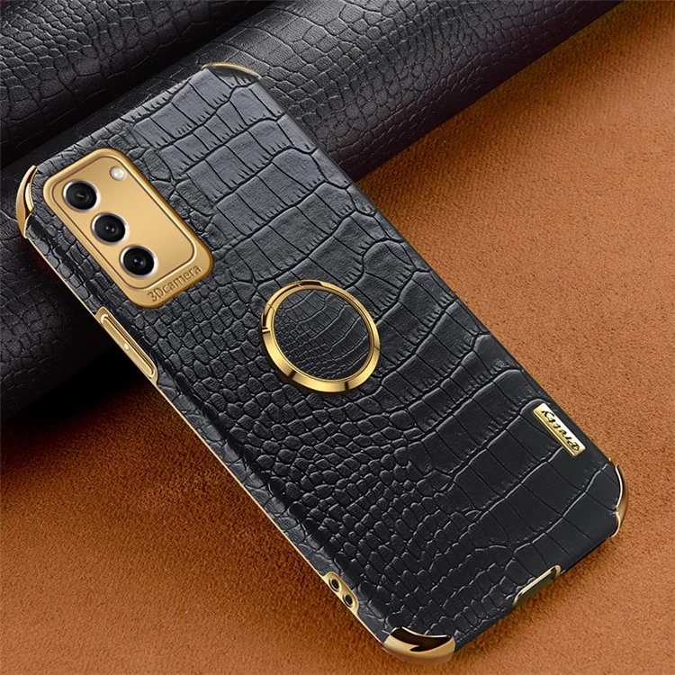 Para Samsung Galaxy S23 Ring Kickstand Phone Case Precise Cutout Crocodile Texture Leather Coated TPU Electroplated Cover - Negro