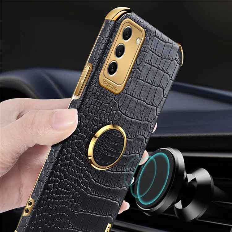 Para Samsung Galaxy S23 Ring Kickstand Phone Case Precise Cutout Crocodile Texture Leather Coated TPU Electroplated Cover - Negro